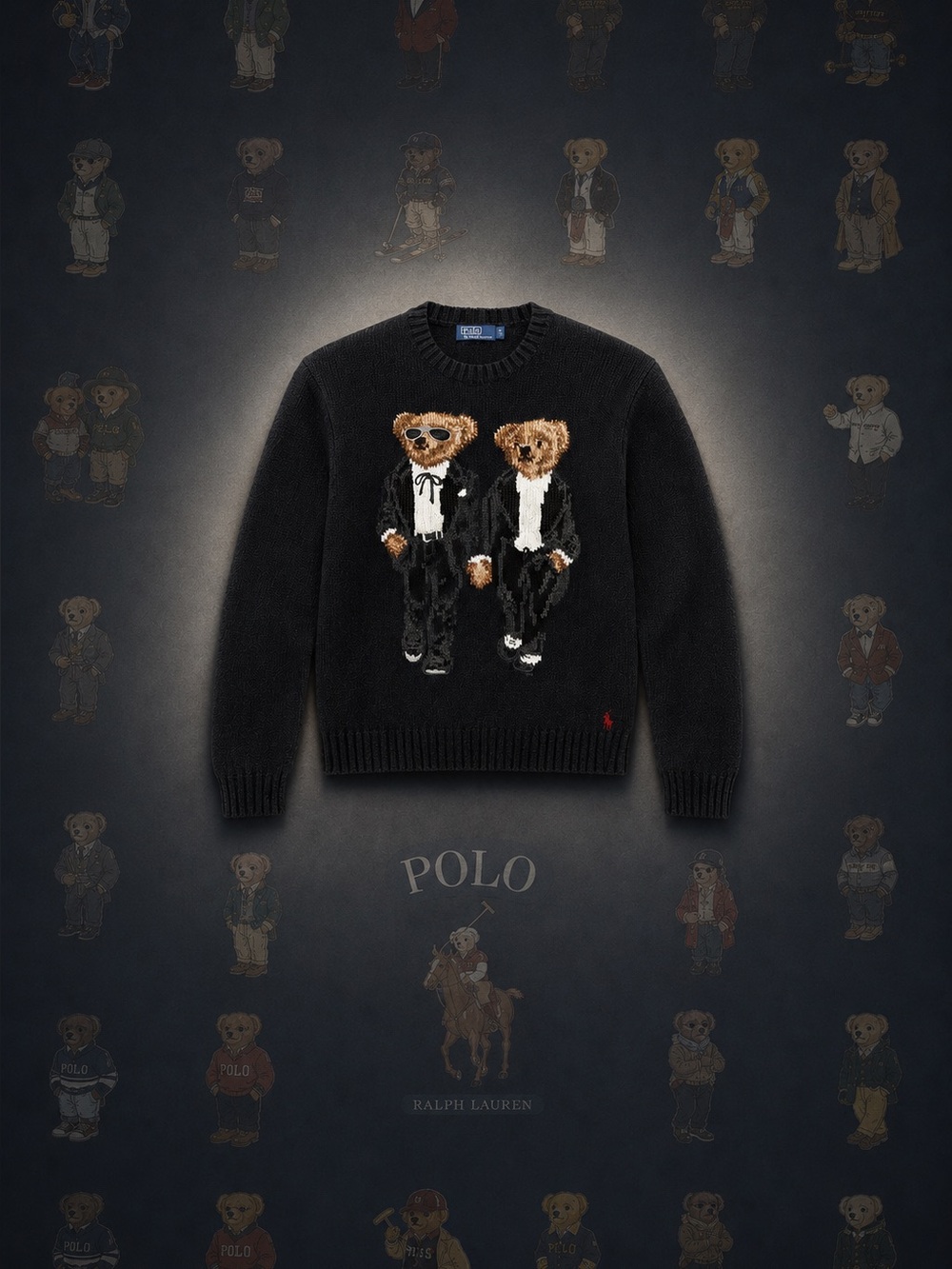 Polo by Ralph Lauren Black Crewneck Sweater with Teddy Bear Intarsia